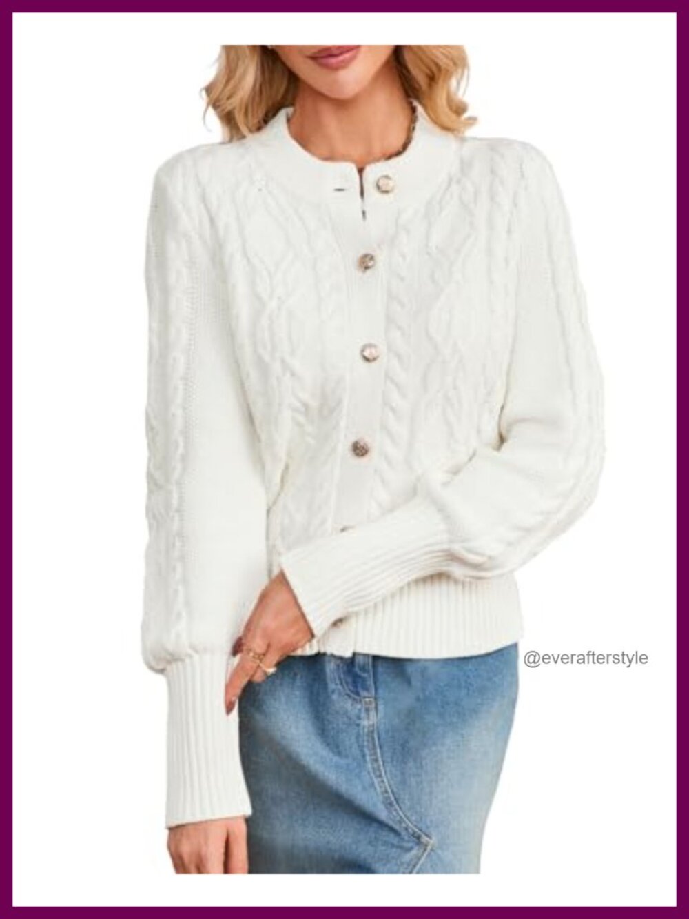 Cable Knit Button Down Cropped Cardigan Sweater Bishop Sleeve